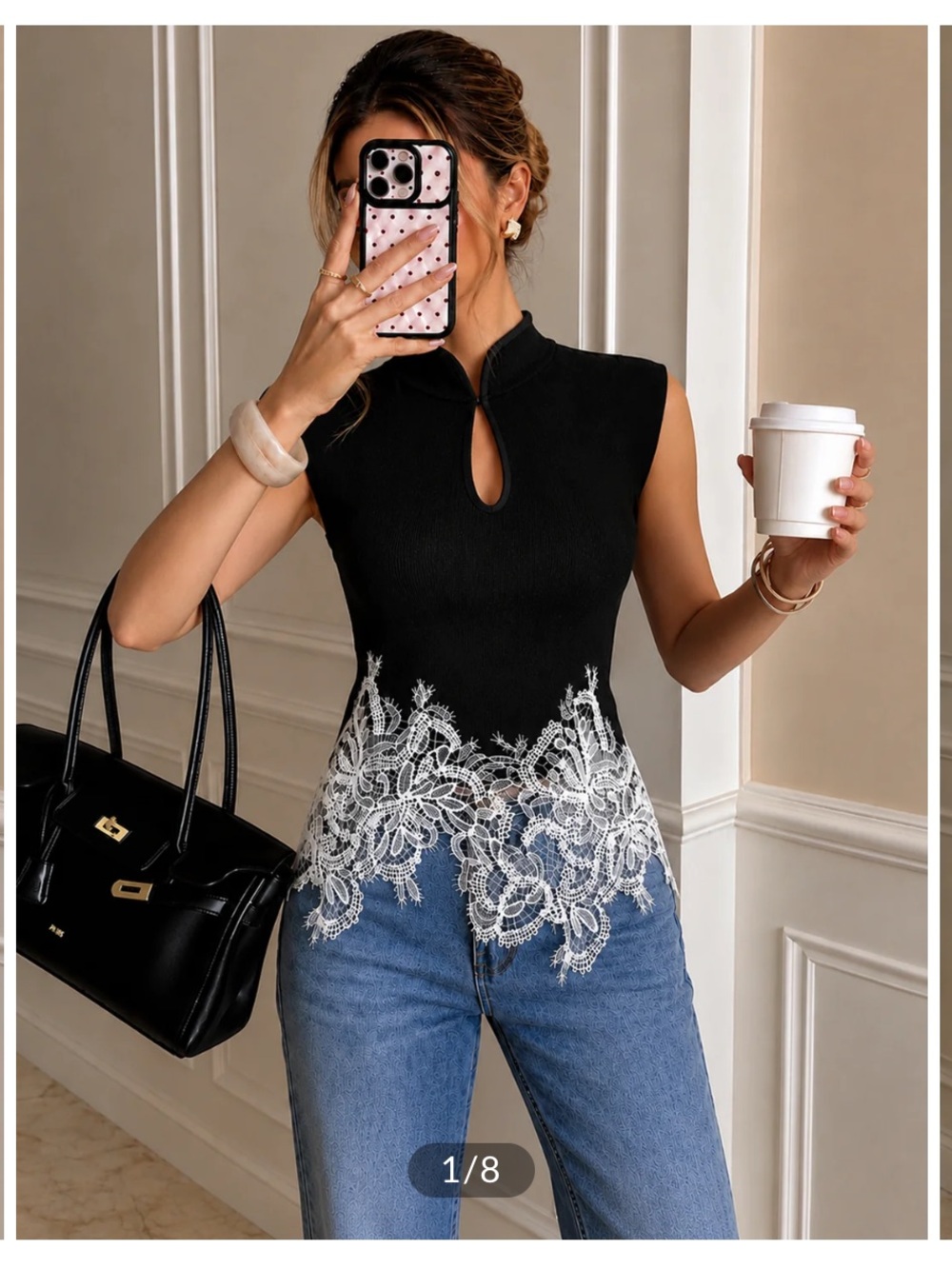 Commense Black Tank Top with White Lace Hem